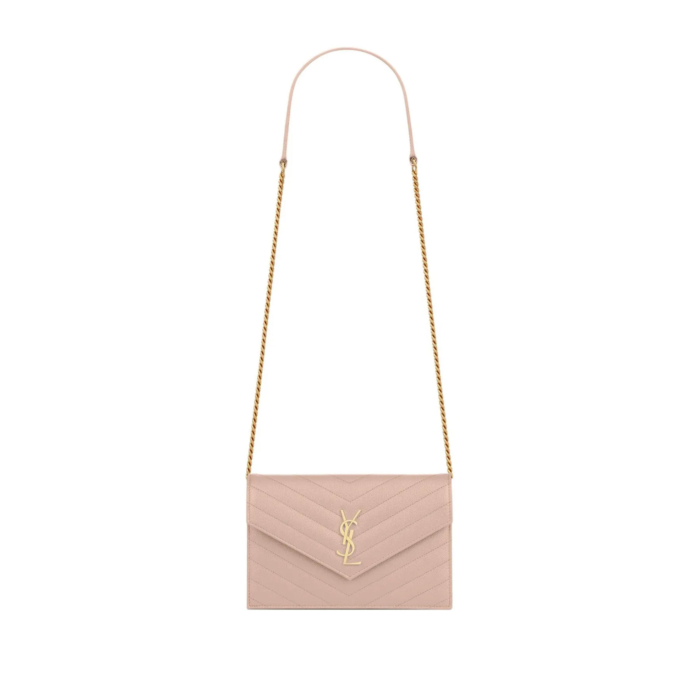 YSL CASSANDRE MATELASSÉ ENVELOPE CHAIN WALLET IN GRAIN DE POUDRE EMBOSSED LEATHER 742920BOW016920 (19*12.5*3.5cm)